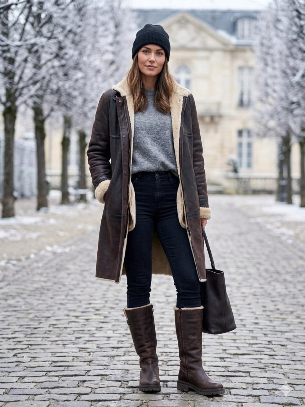 Vintage Genuine Brown Leather Shearling Midi Coat Small